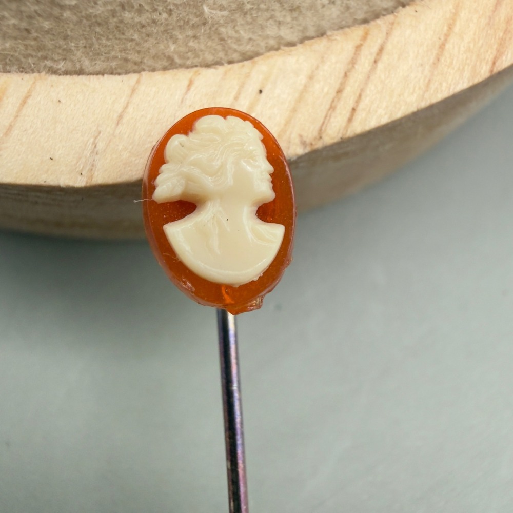 Mini Cameo Stick Pin Orange Cream Lady Profile Resin Gold Tone Metal Lapel Pin